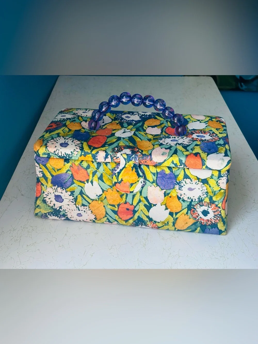 Vintage Floral Tulip Beaded Handle Sewing Box Purse